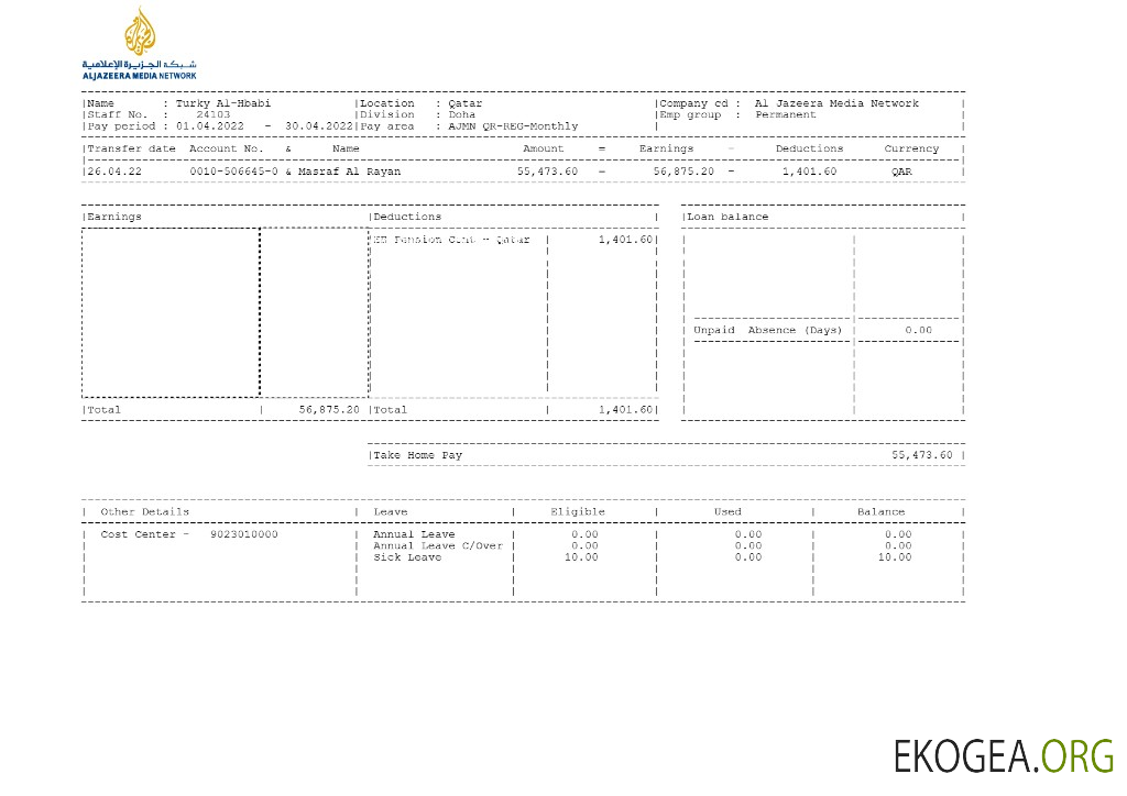 Modèle de bulletin de paie d'Al Jazeera Media Network aux formats Word et PDF.pdf, 1